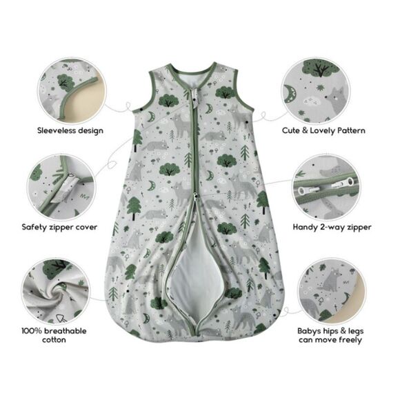 NEW Yoofoss Baby Sleep Sack 6-12 Mo Green Fox Print 100% Cotton Summer Wearable - Picture 2 of 5